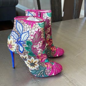 christian louboutin miss tennis mesh multicolor pink blue 100mm boot booty Sz 35